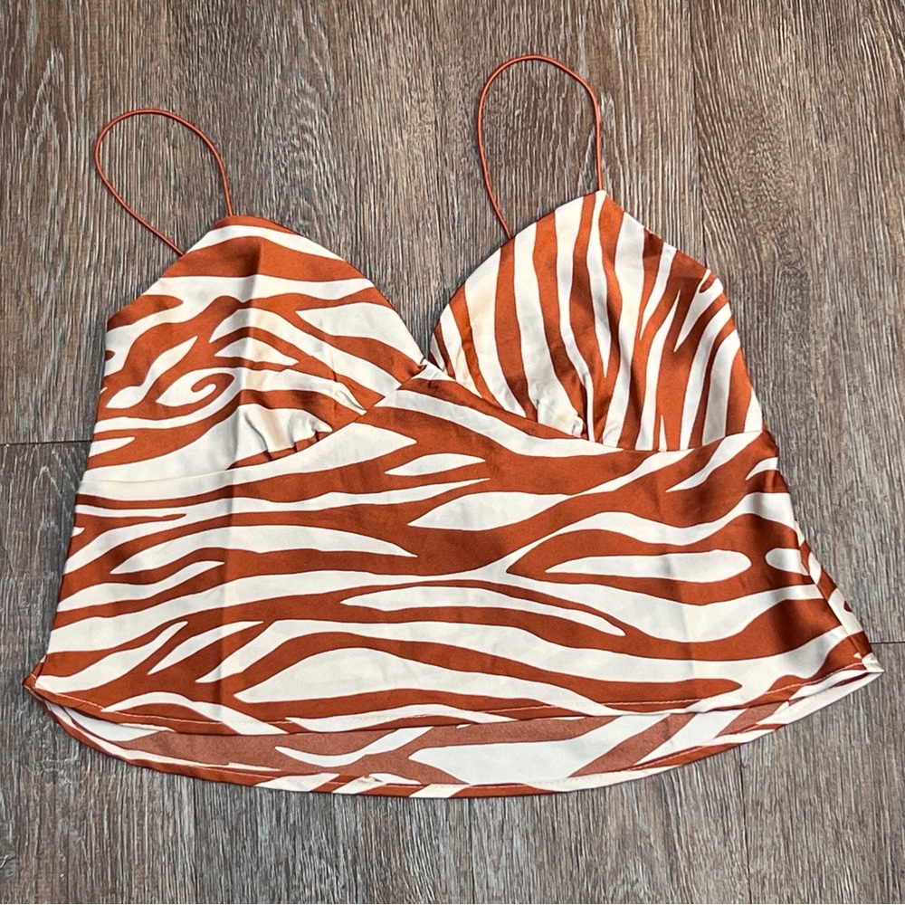 Stunn'd Zebra Print Satin Crop Cami Top Rust Orange Animal Print | Size: L